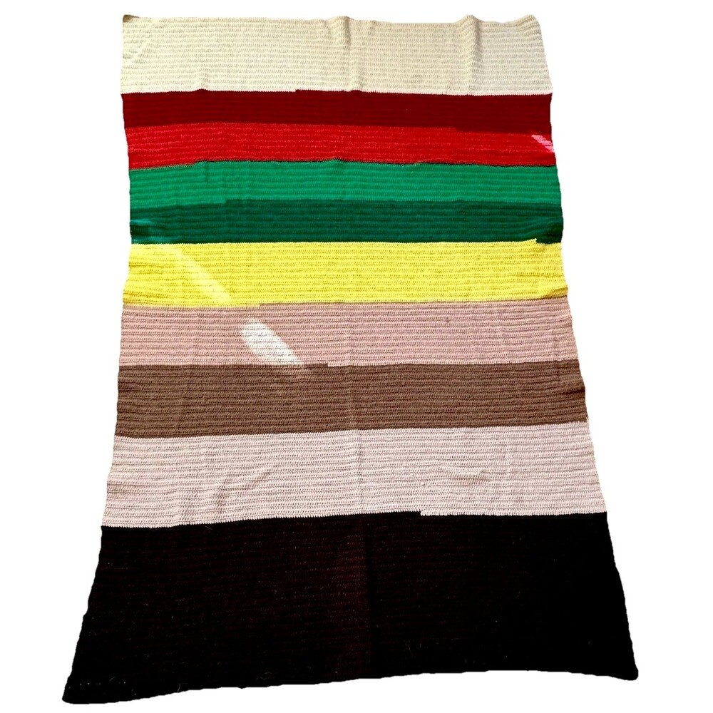 VTG 80s Handmade Crocheted Striped TWIN Afghan Throw Blanket 77” X 48”